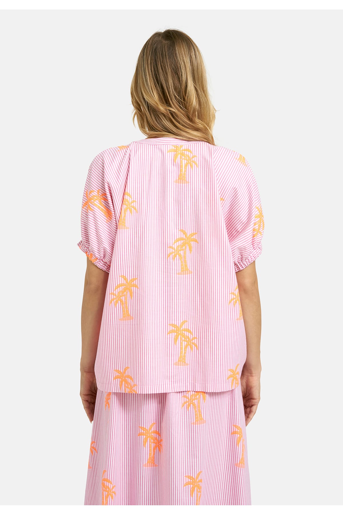 Bluse oversized blouse w neckpanel, placket + elastic cuffs pink print Bluse Milano