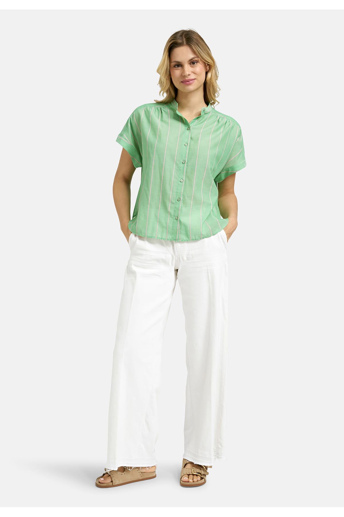 Bluse sleeveless w neckpanel, gathered shoulderseam mint print Bluse Milano