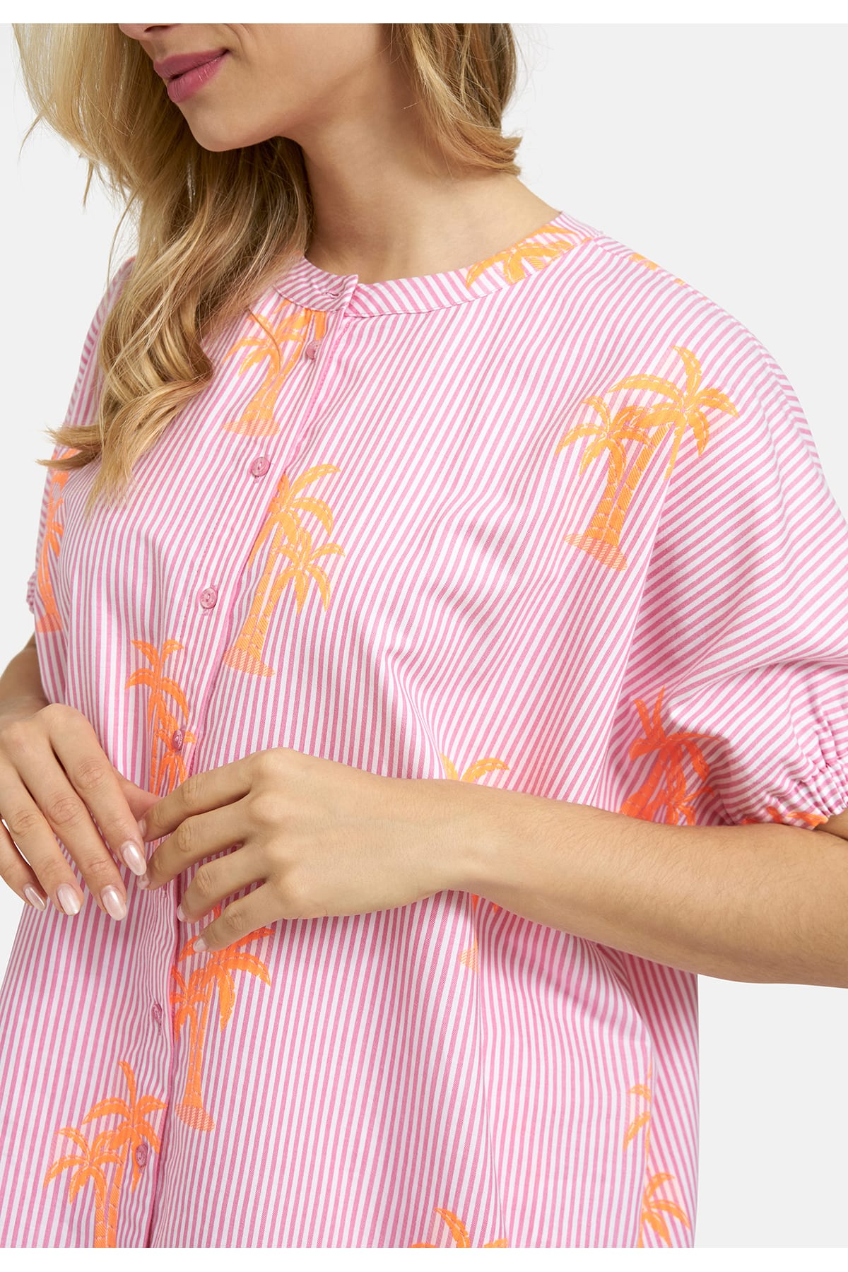 Bluse oversized blouse w neckpanel, placket + elastic cuffs pink print Bluse Milano 