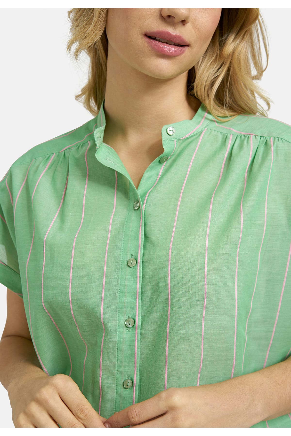 Bluse sleeveless w neckpanel, gathered shoulderseam mint print Bluse Milano 