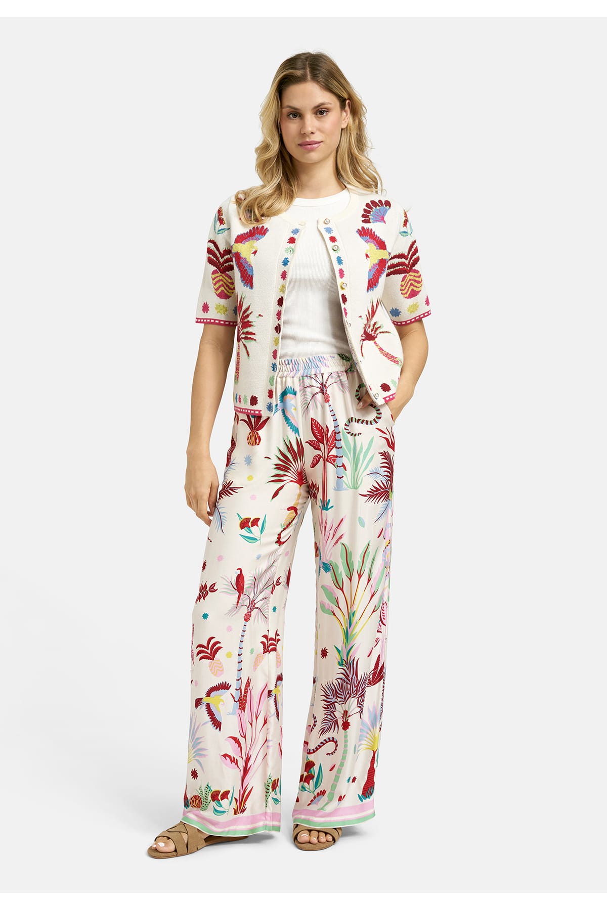 Cardigan roundneck w placket + 1/2 sleeve sand print Cardigan Milano 
