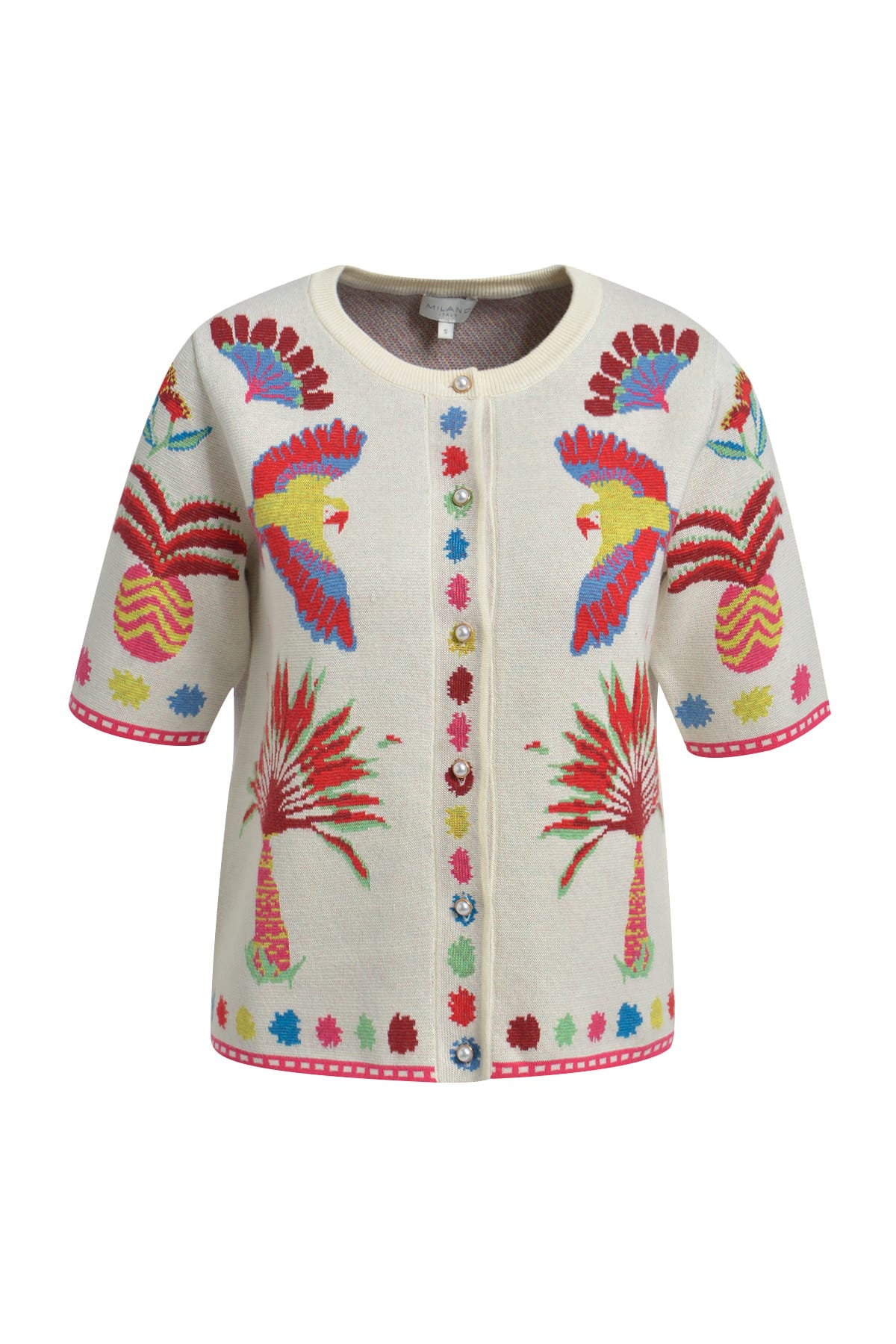 Cardigan roundneck w placket + 1/2 sleeve sand print Cardigan Milano 