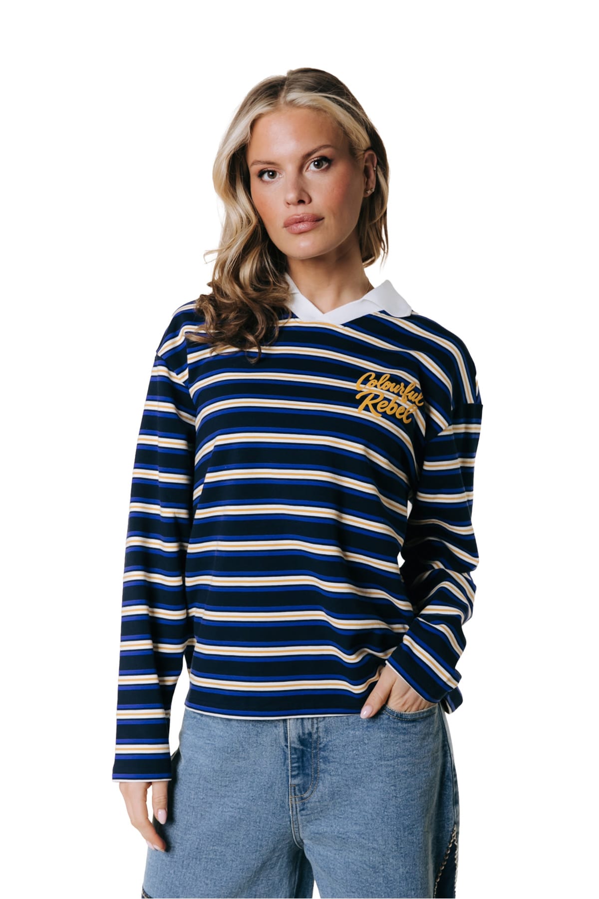 Longsleeve Sport Collar Striped Sweat Navy Longsleeve Colourful Rebel 