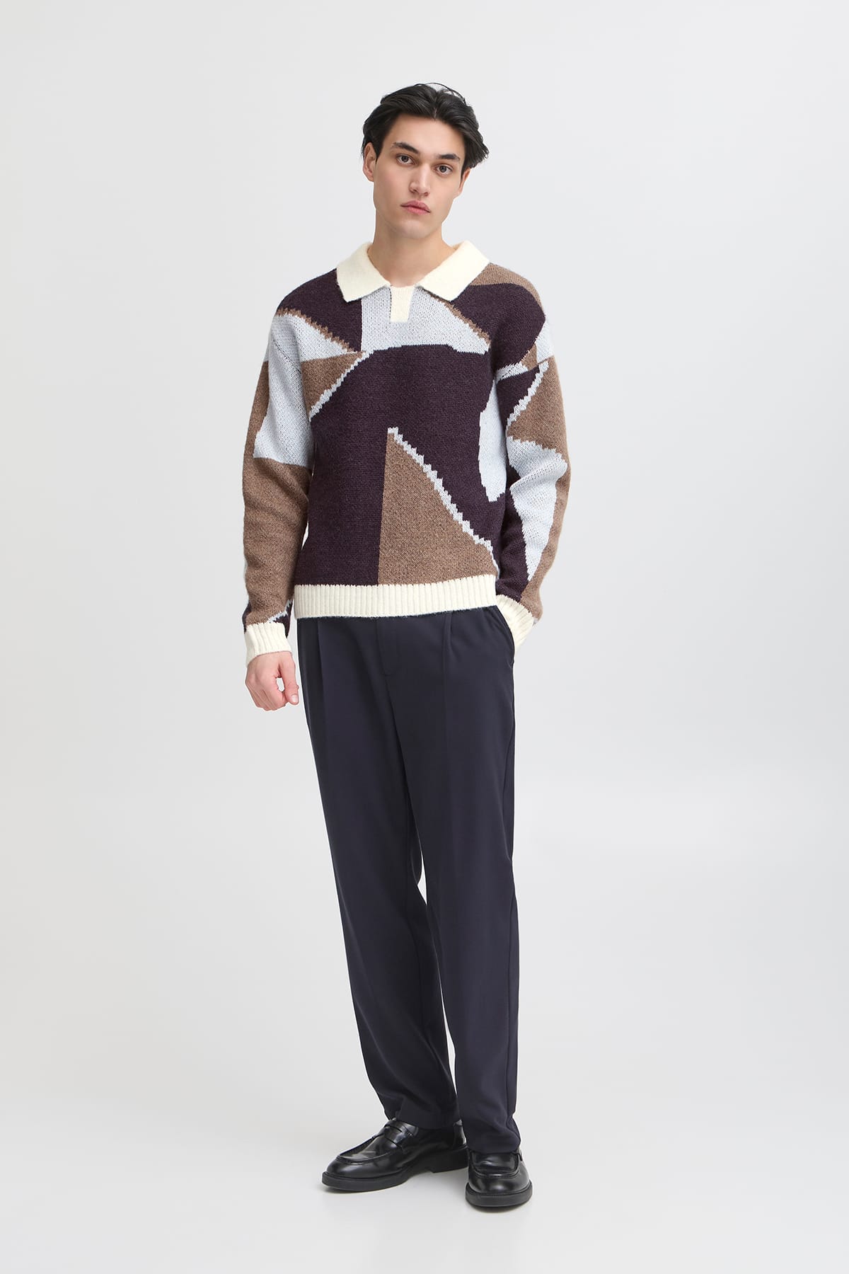 Pullover CFBIRK geometric knit with polo collar Roasted Cashew Pullover Casual Friday 